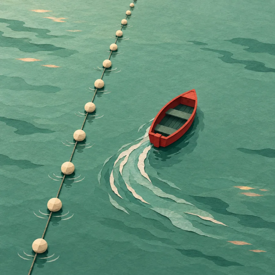 A red boat drifts away from a straight line of buoys