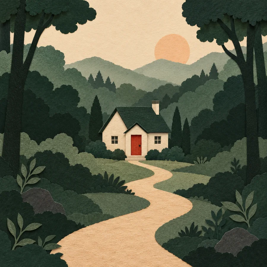 A lone house at the end of a winding path in a dark forest