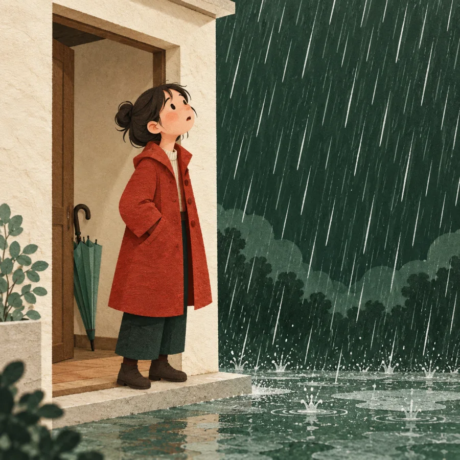 A person in a doorway with a closed umbrella faces sudden rain