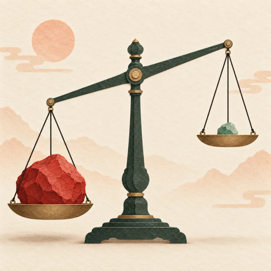 A balance scale tips heavily toward the red stone