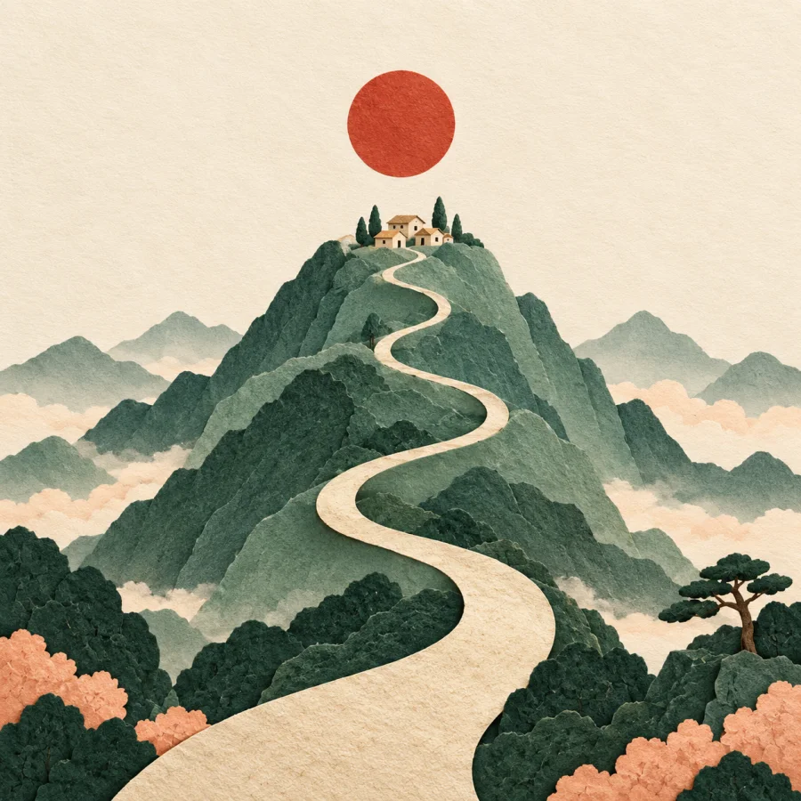 A tiny village on a faraway mountain with a thin road leading to it