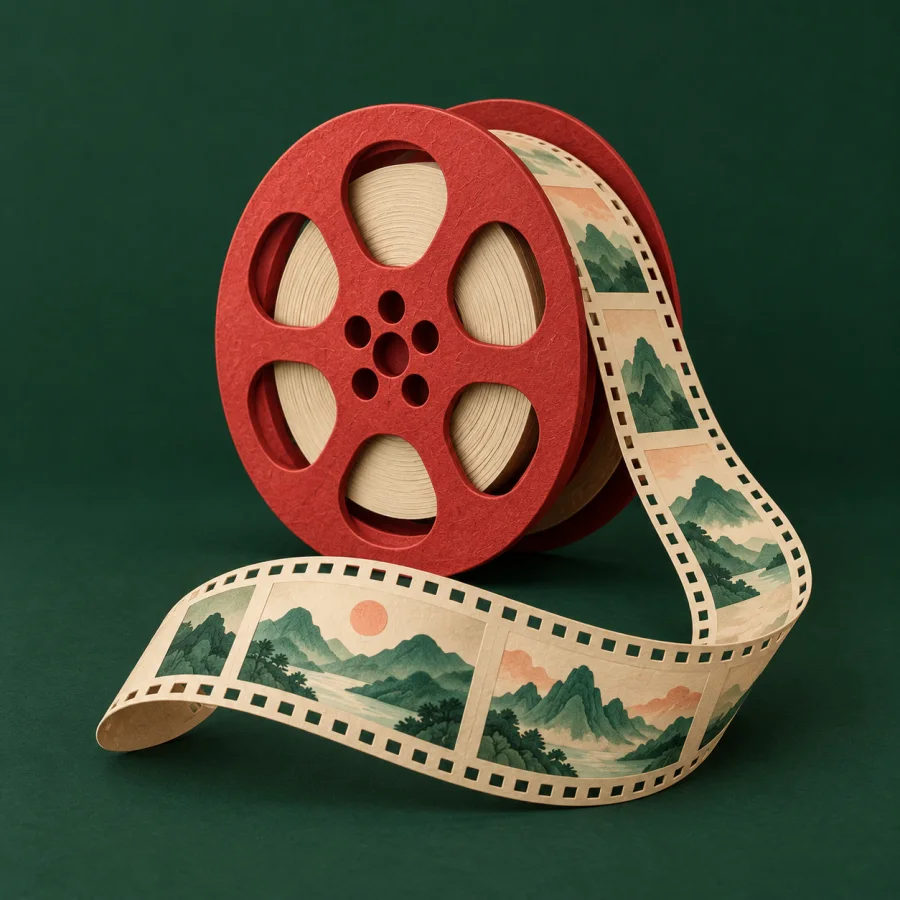 A red film reel unspools a strip with tiny frames