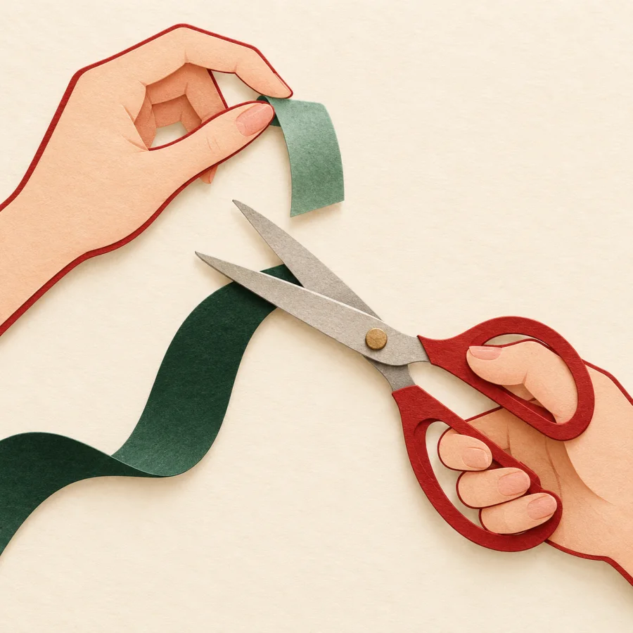 Scissors cut a short green piece from a long ribbon