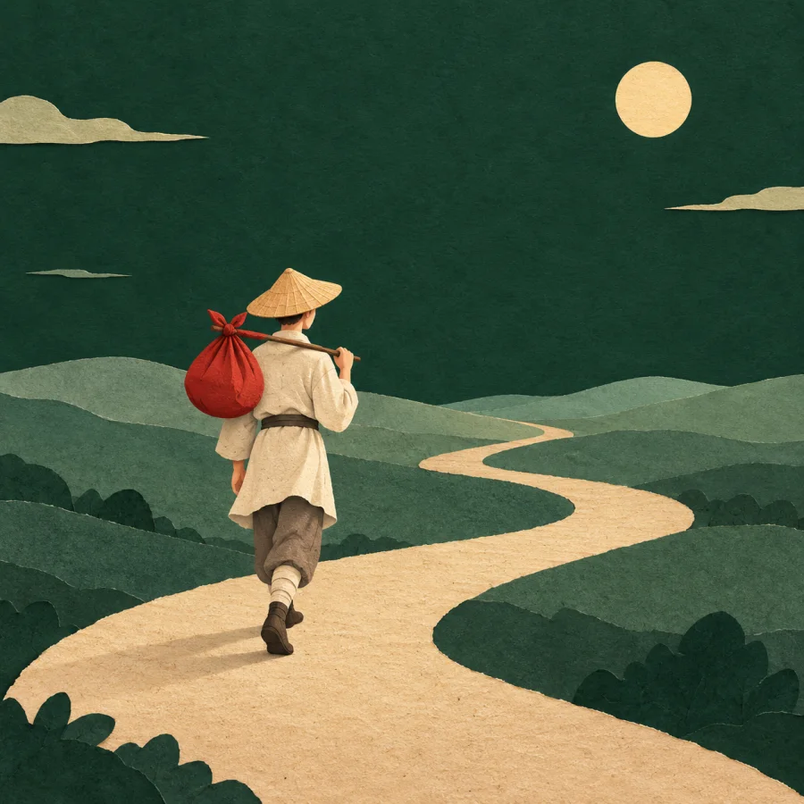 A traveler with a red bundle walks a winding road