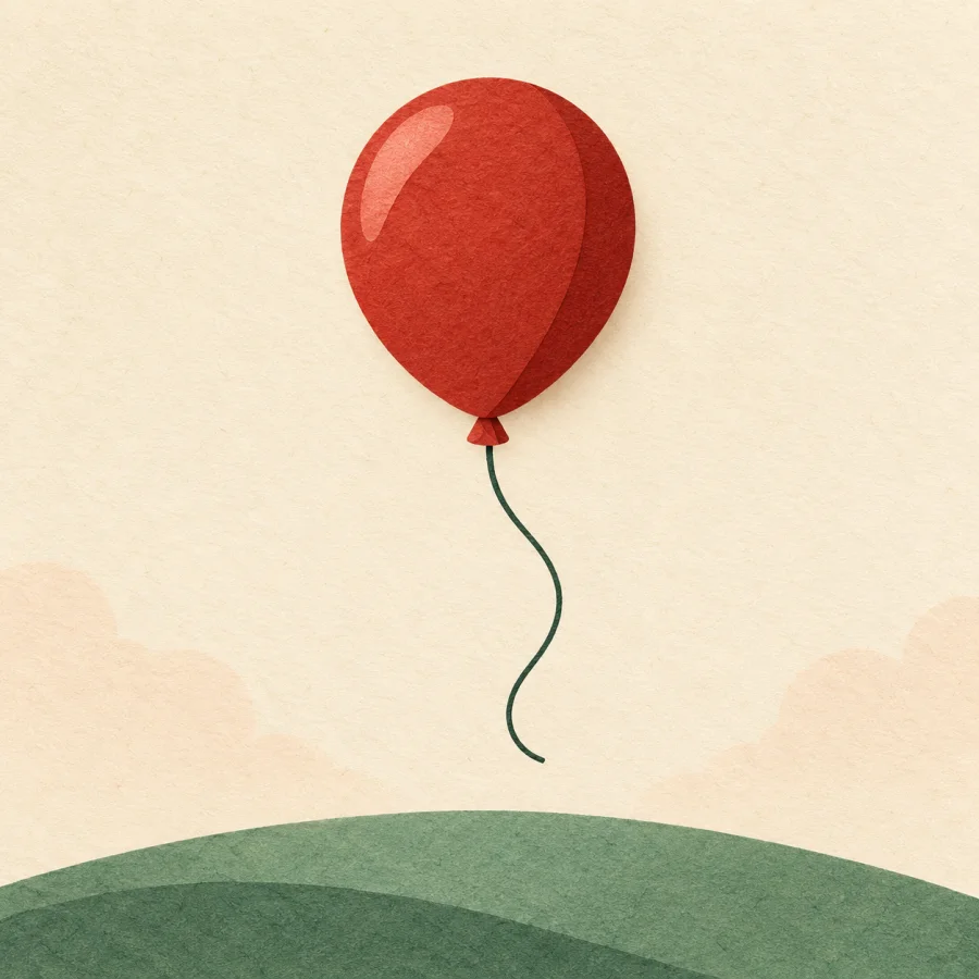 A red balloon rises into the sky above a hill