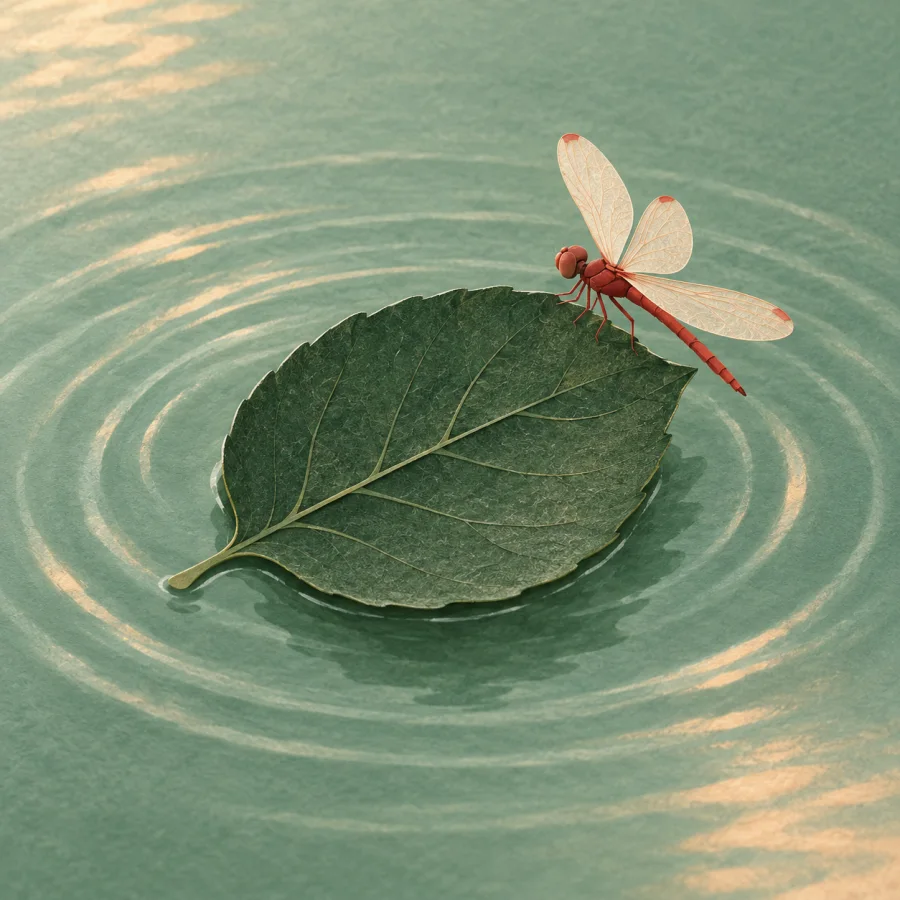 A green leaf floats on calm water with ripples around it