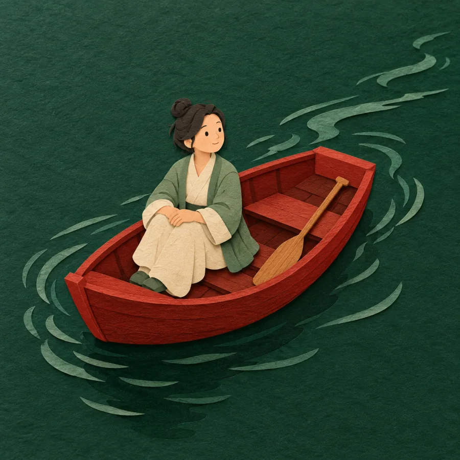 A person drifts down a river in a small boat