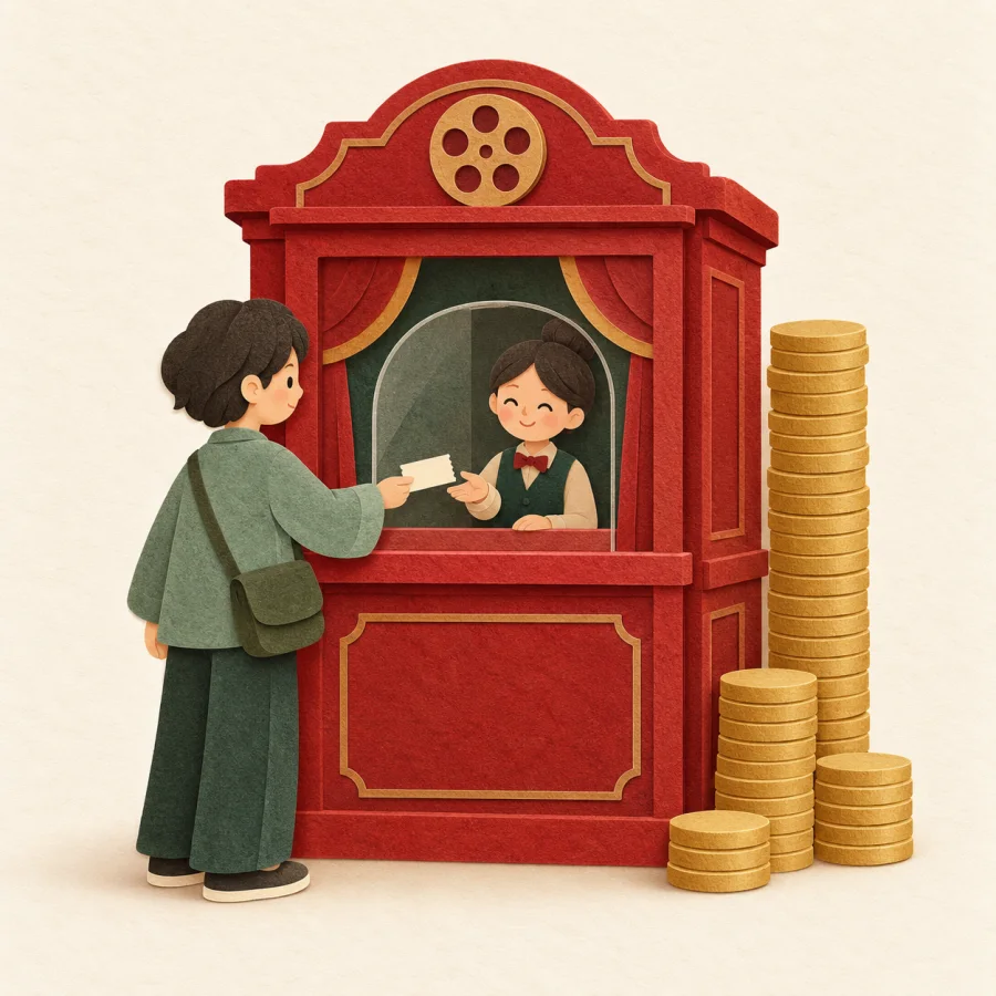 A person buys a cinema ticket beside a growing pile of coins
