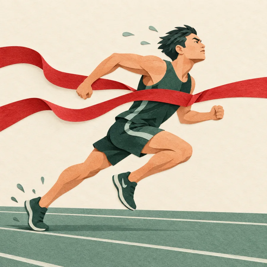 A runner sprints hard toward a finish ribbon