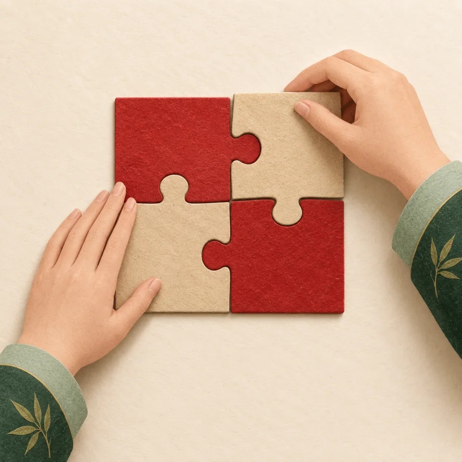 Hands fit several paper pieces together into one rectangle
