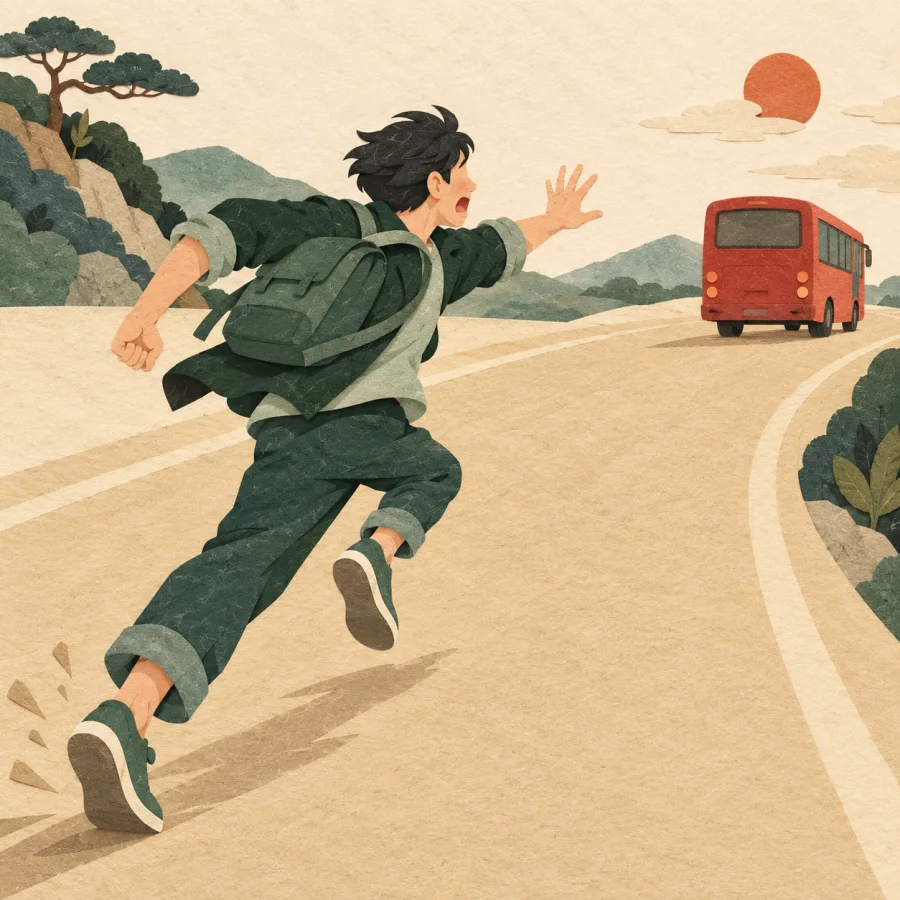 A person runs flat out as a bus pulls away