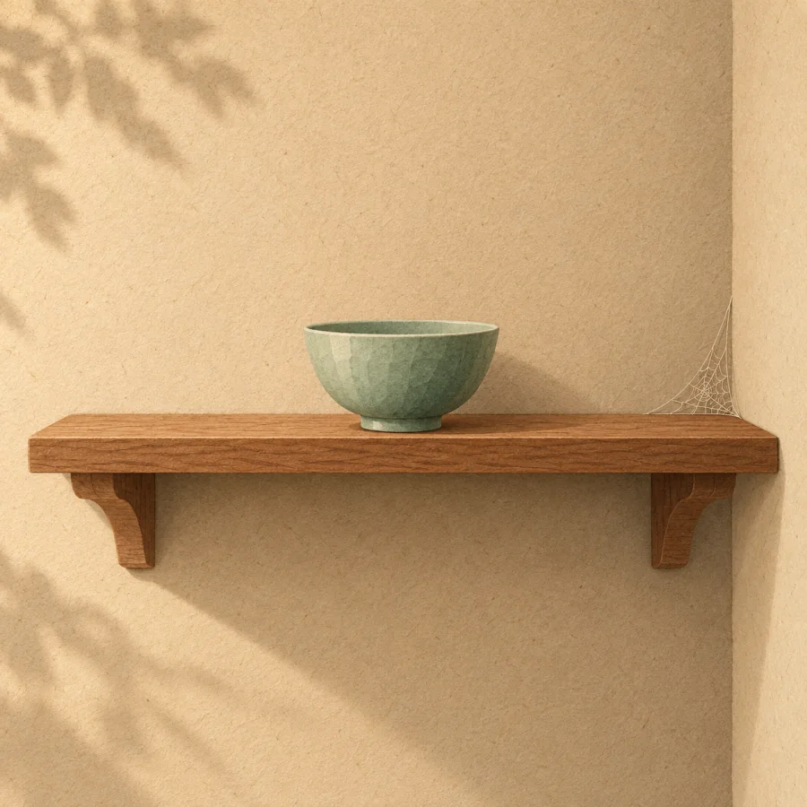 A nearly empty shelf holding one small bowl