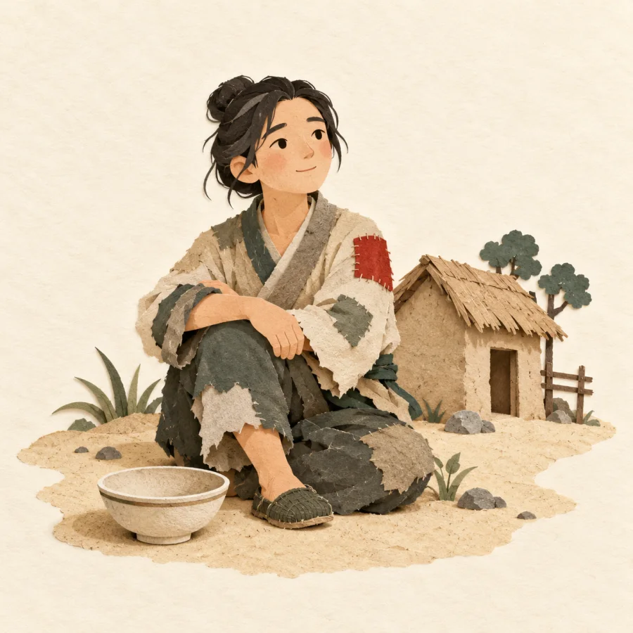 A person in patched clothes sits by an empty bowl