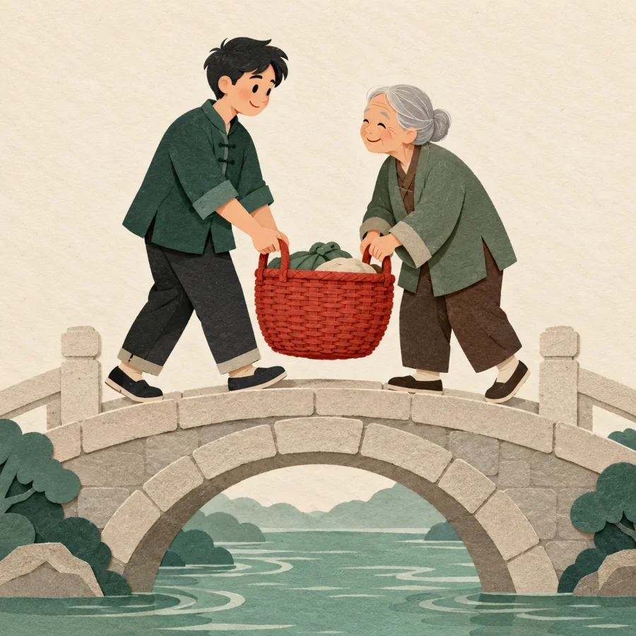 A person helps an elderly man carry a heavy basket