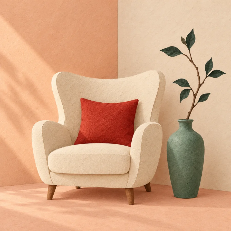 An elegant vase with one branch beside a chair