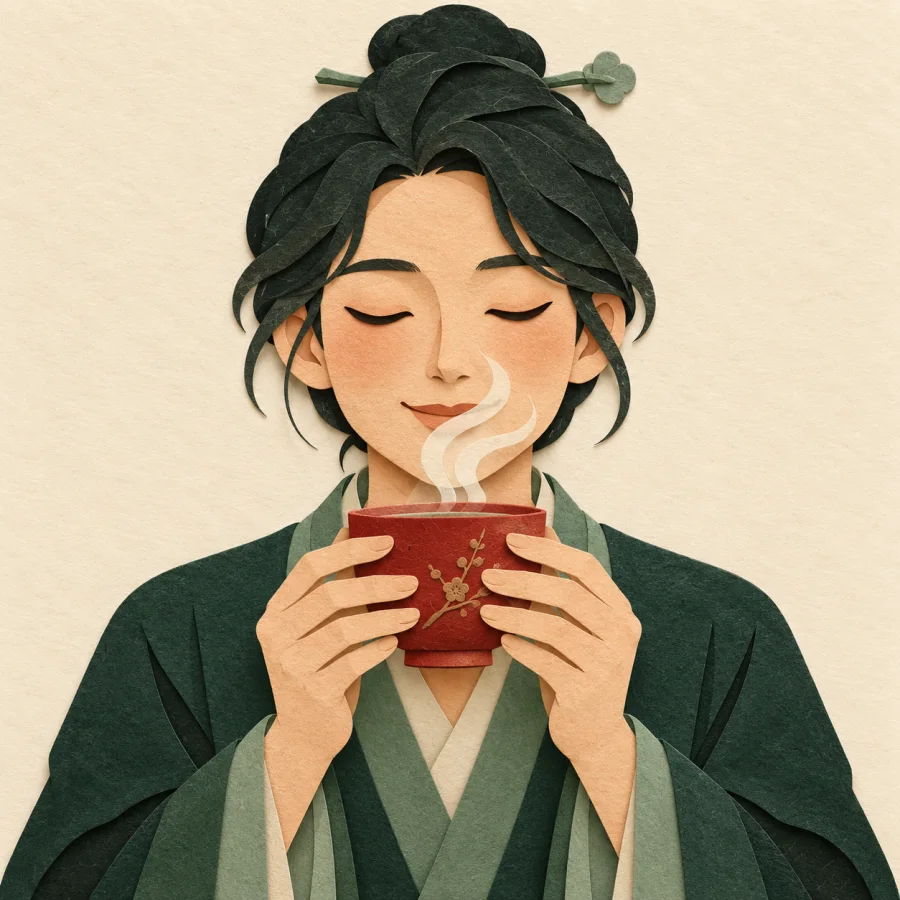 A person with closed eyes savours the aroma of tea