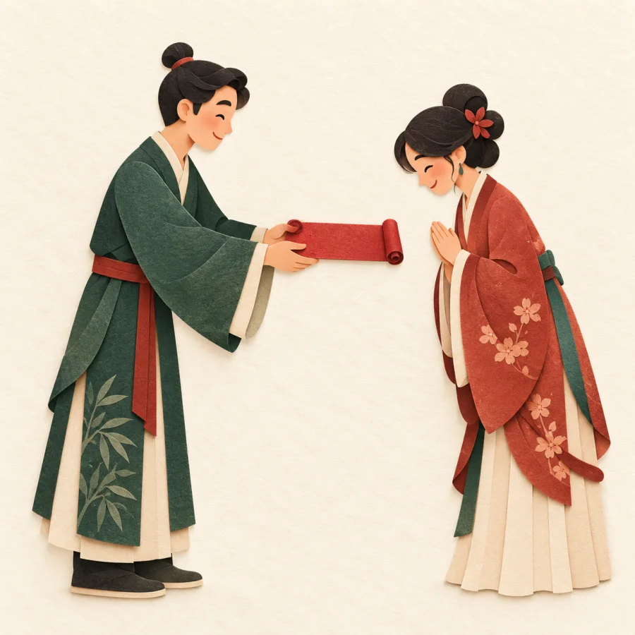 A person offers an invitation scroll to another person