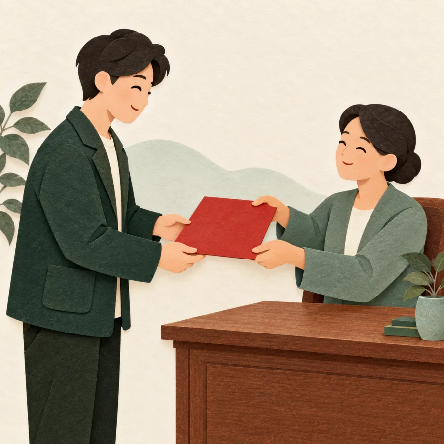 A person receives a certificate from someone seated at a desk