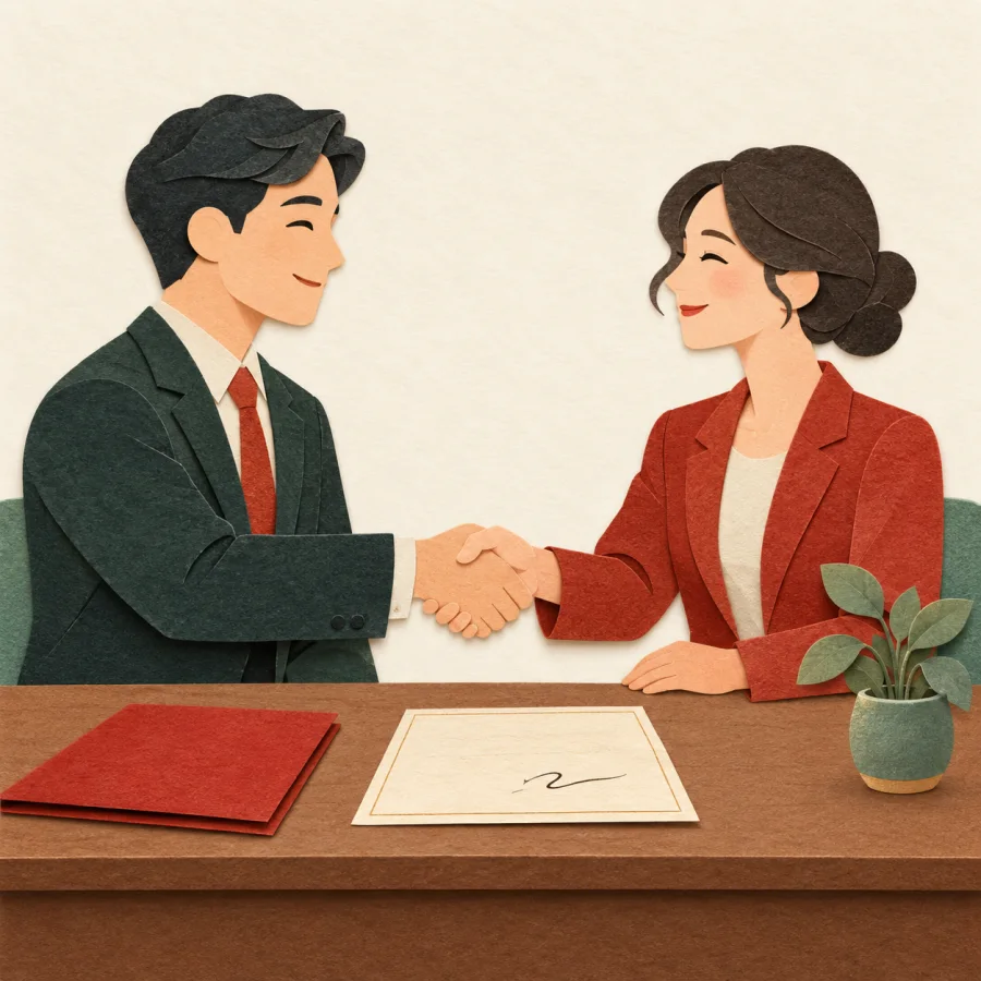 Two people shake hands over a desk with a signed paper