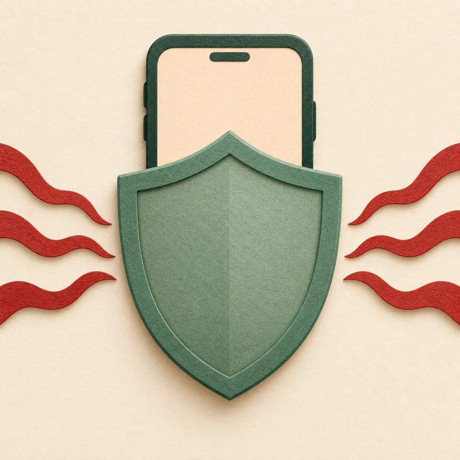 A smartphone behind a green shield blocks red waves
