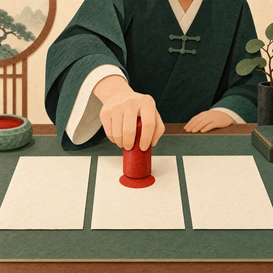 A person stamps one of three sheets with a red seal