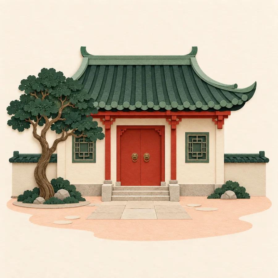 A single-storey house with a tiled roof and courtyard