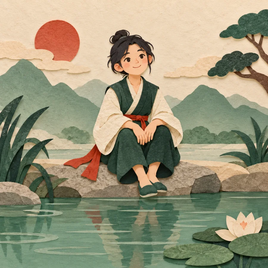 A calm person sits beside a still pond