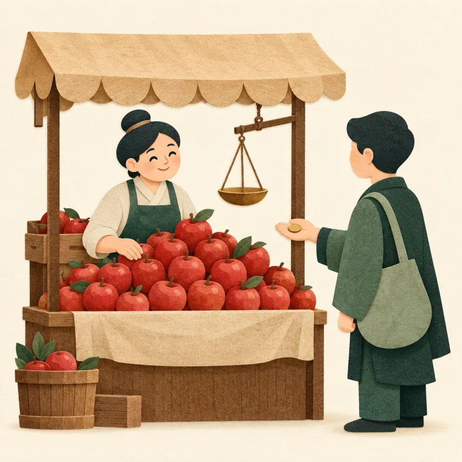 A shopper with one coin at a stall of red apples