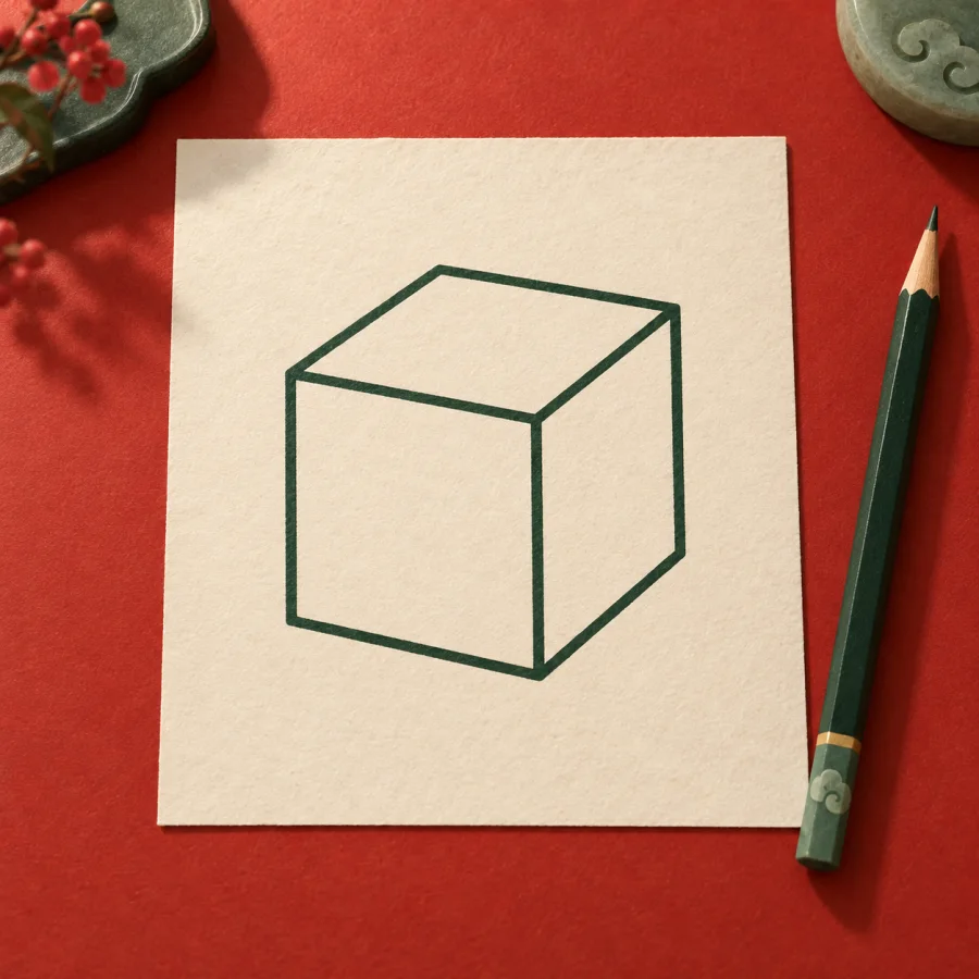 A cube is drawn on a flat sheet of paper