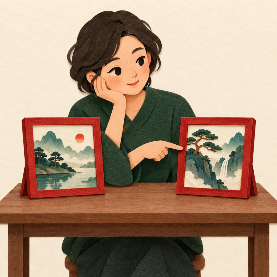 A person studies two paintings and points to one