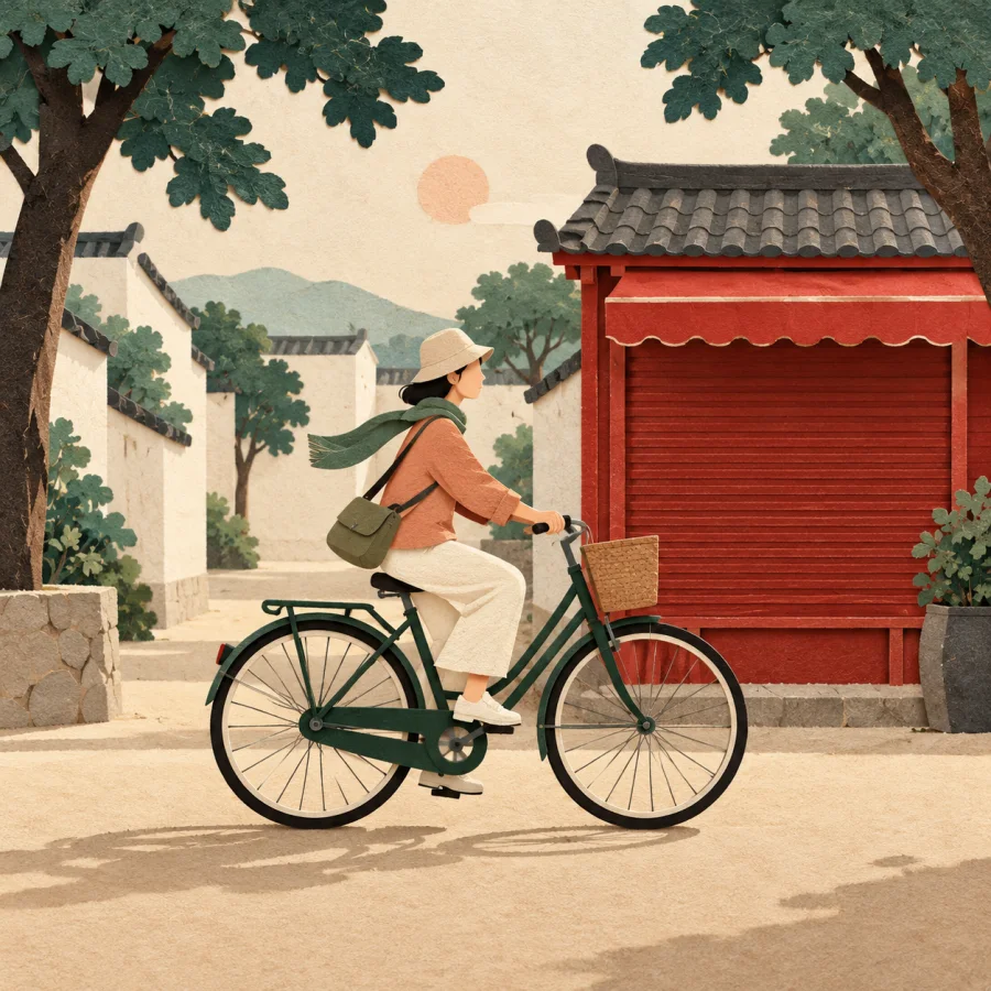 A quiet street with a single cyclist