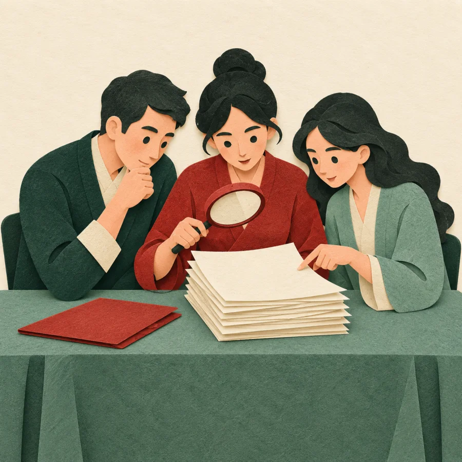 Three people examine a stack of papers with a magnifying glass