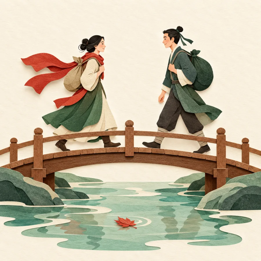 Two travelers pass each other on a bridge over a river