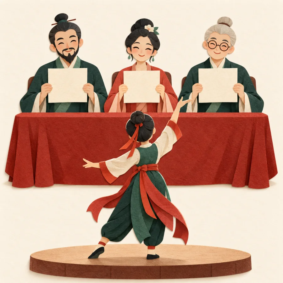 Three people at a table hold up blank score cards