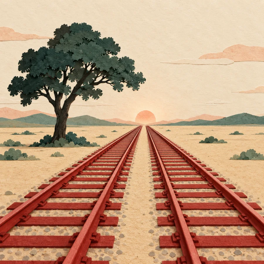 Two straight railway lines run side by side across a plain