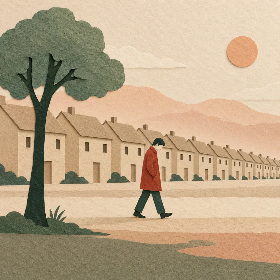 A person walks past a row of identical plain houses
