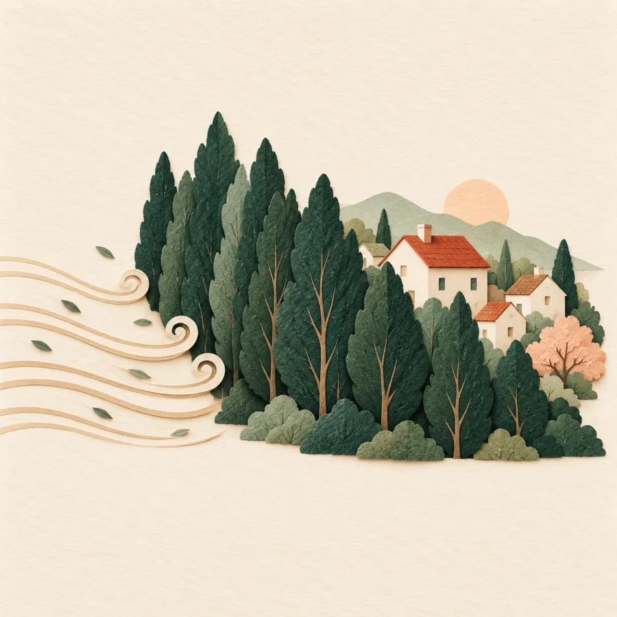 A village behind a wall of green trees blocks the wind