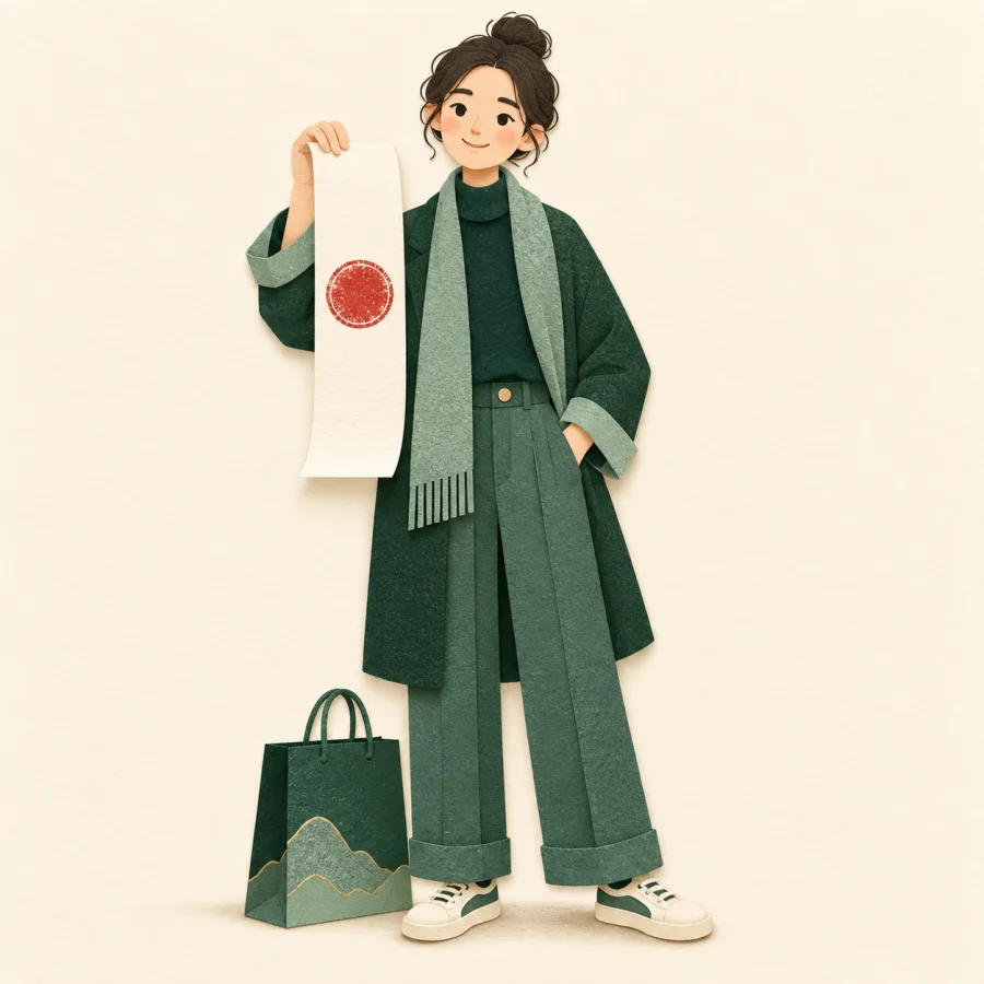 A person holds a long receipt next to a shopping bag