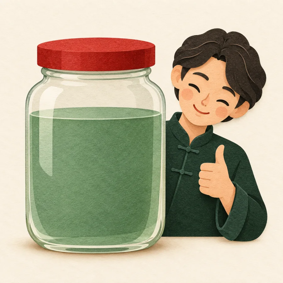 A person nods beside a jar filled three quarters full