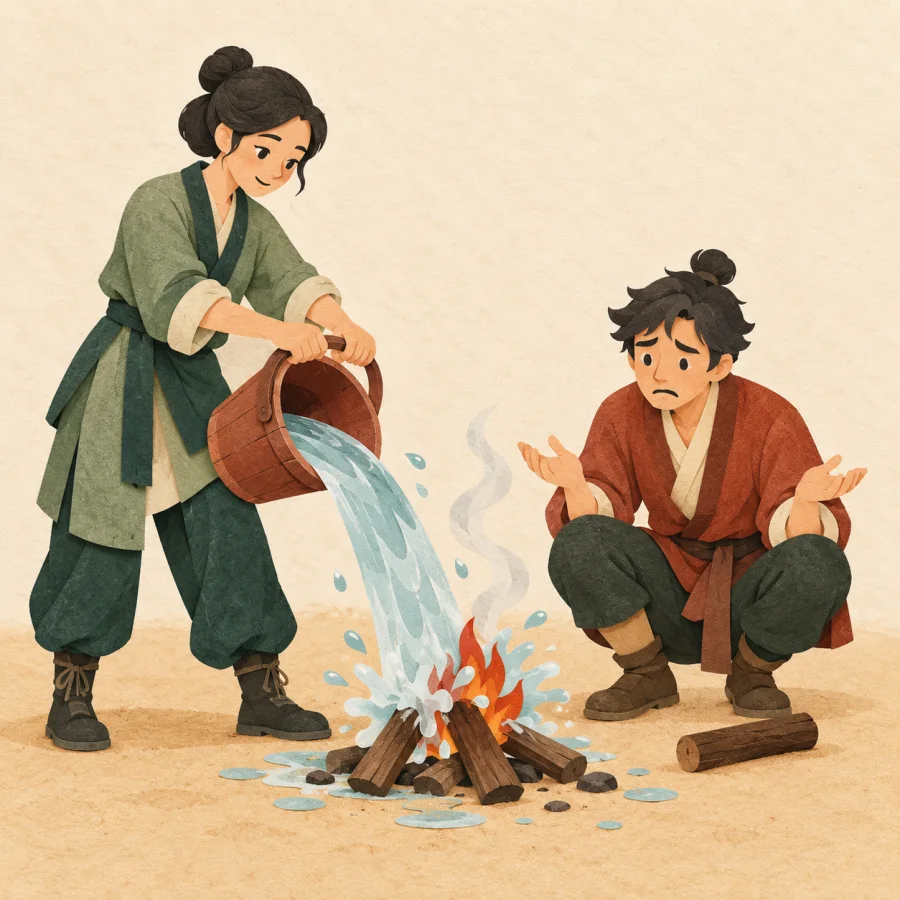 A person pours a bucket of water over another's small fire