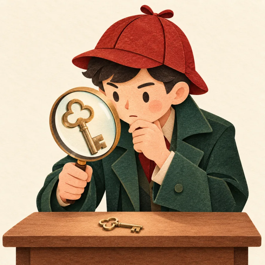 A detective studies a lost key with a magnifying glass