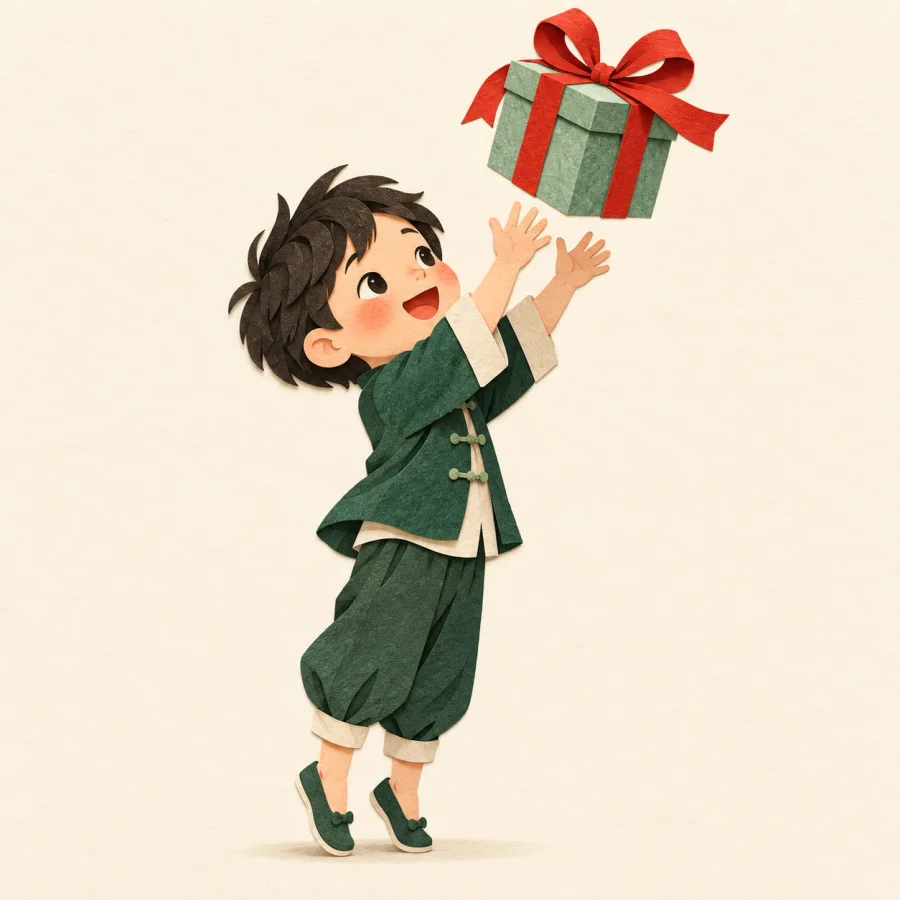 A child reaches eagerly for a gift box