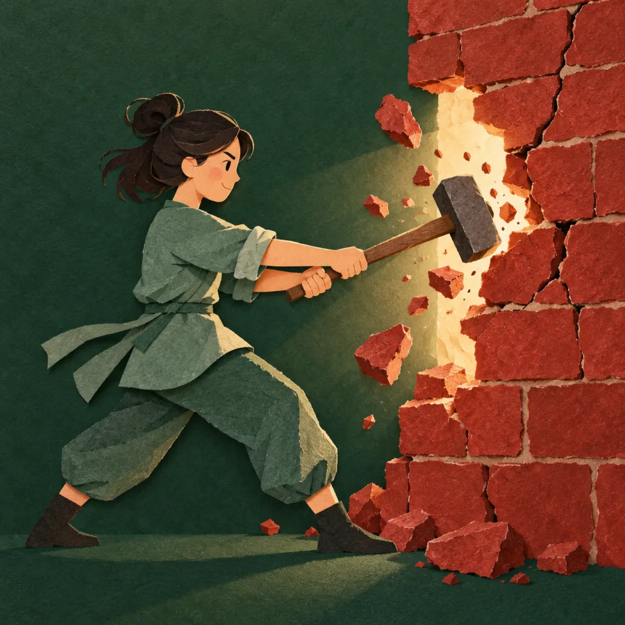 A person hammers an old wall and light shines through