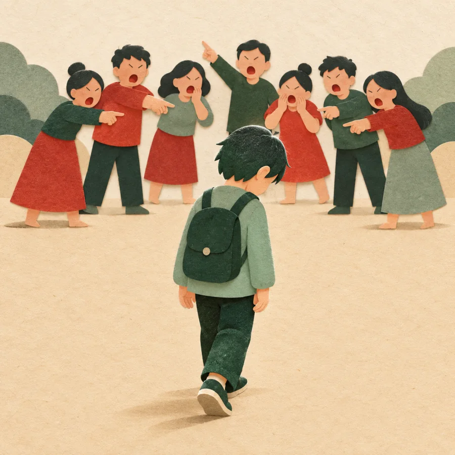 A lone person walks away while a crowd points fingers
