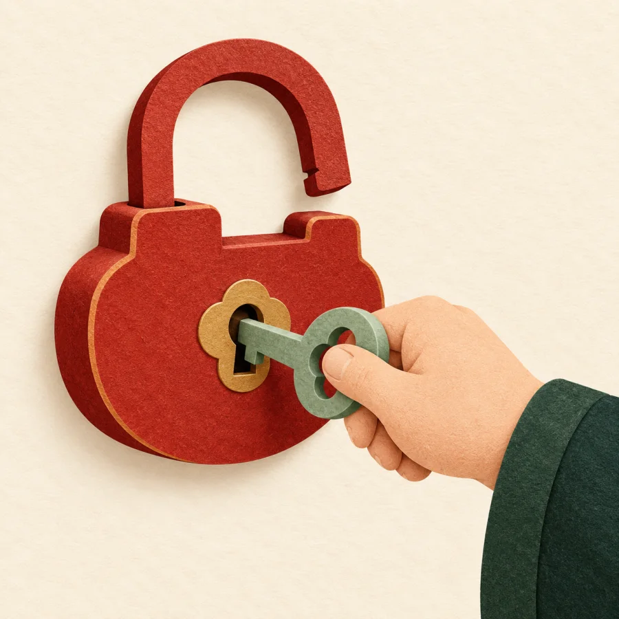 A person turns a key in a big red padlock