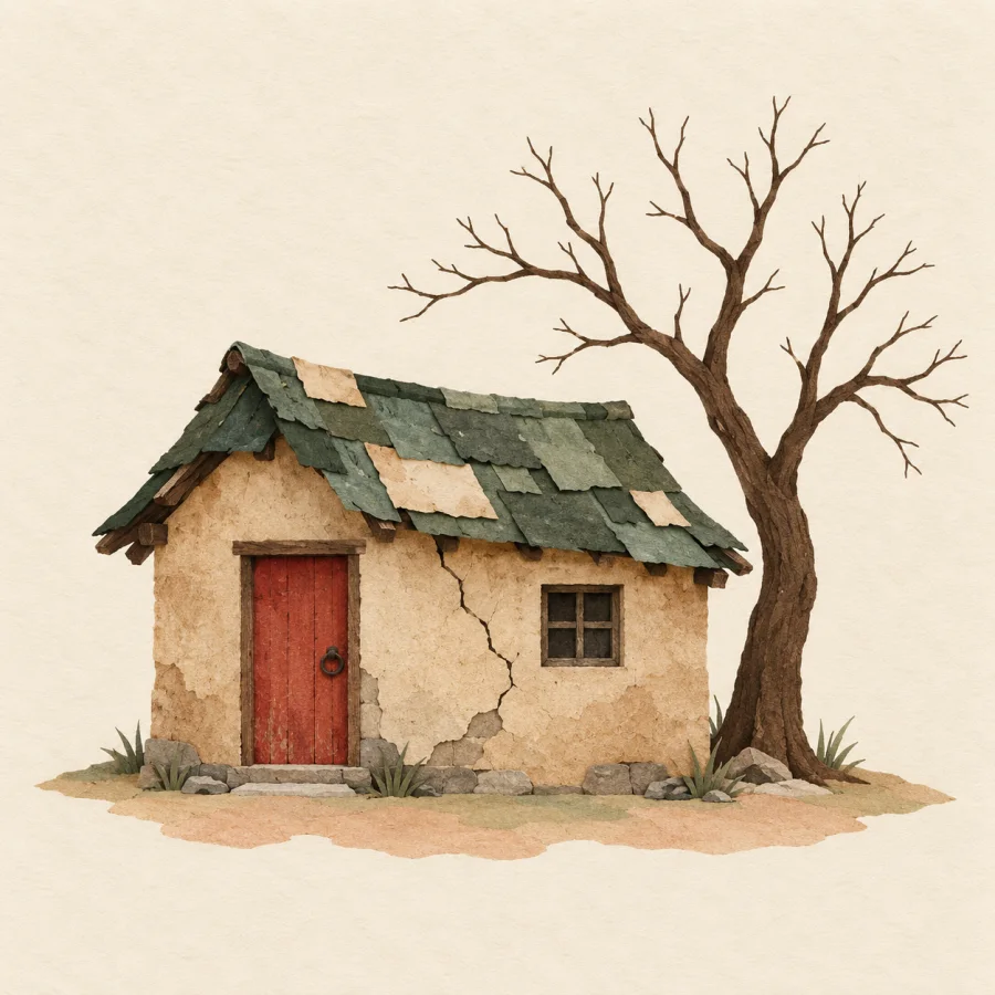 A shabby little house with a patched roof beside a bare tree