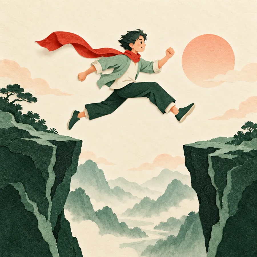 A person confidently leaps across a gap between cliffs