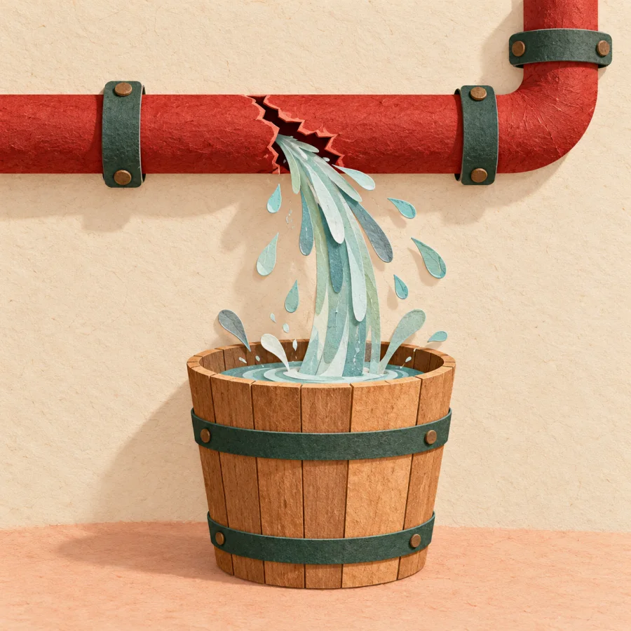 A burst water pipe sprays water into a bucket