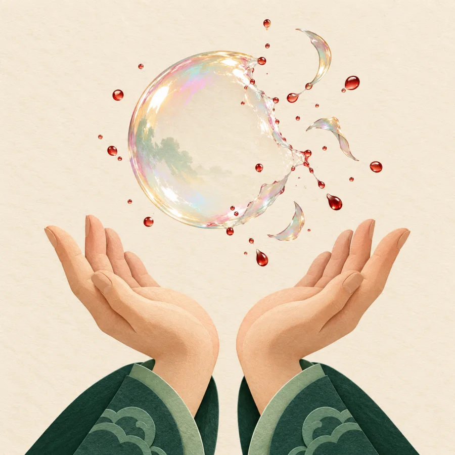 A soap bubble bursts above a person's open hands