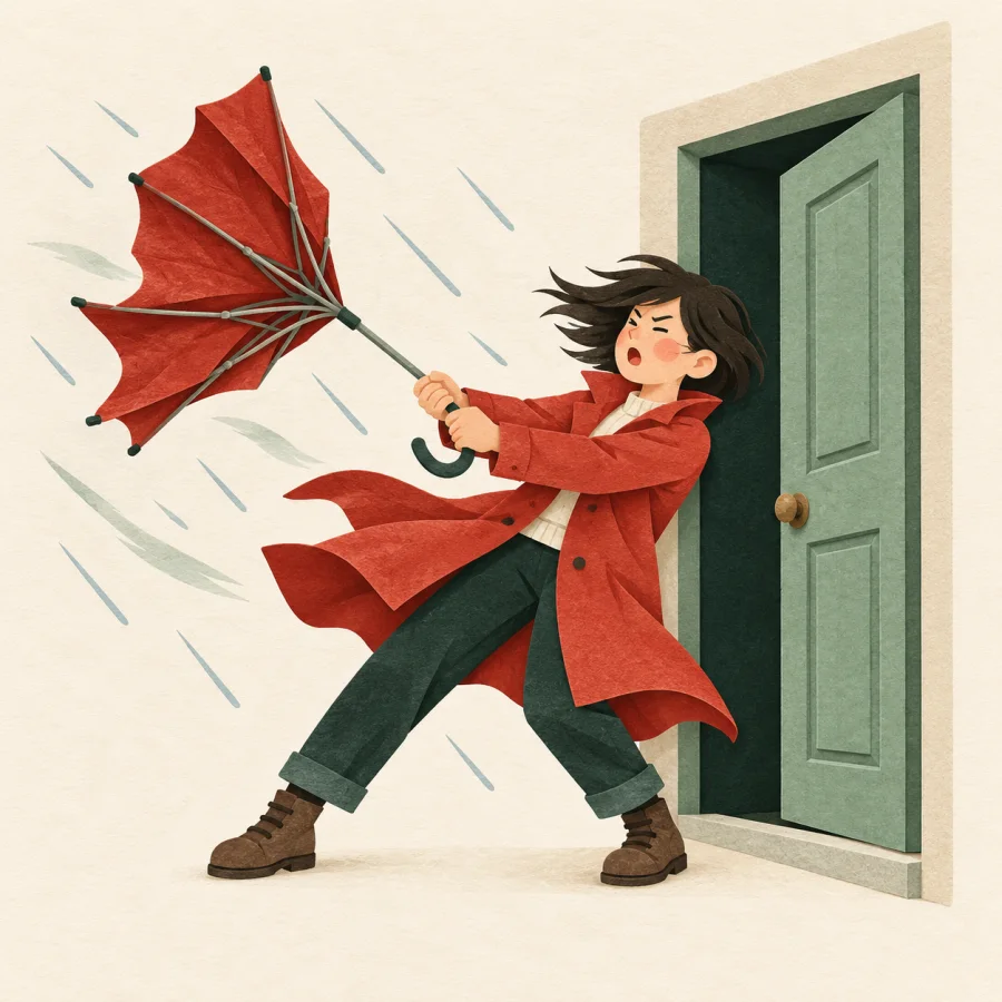 Wind and rain push a person toward a door, umbrella flipped